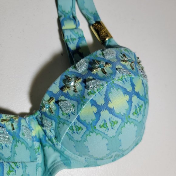 Lisa Blue Molded Cups Beaded Bikini Top Gold Details Size Small - Picture 3 of 11